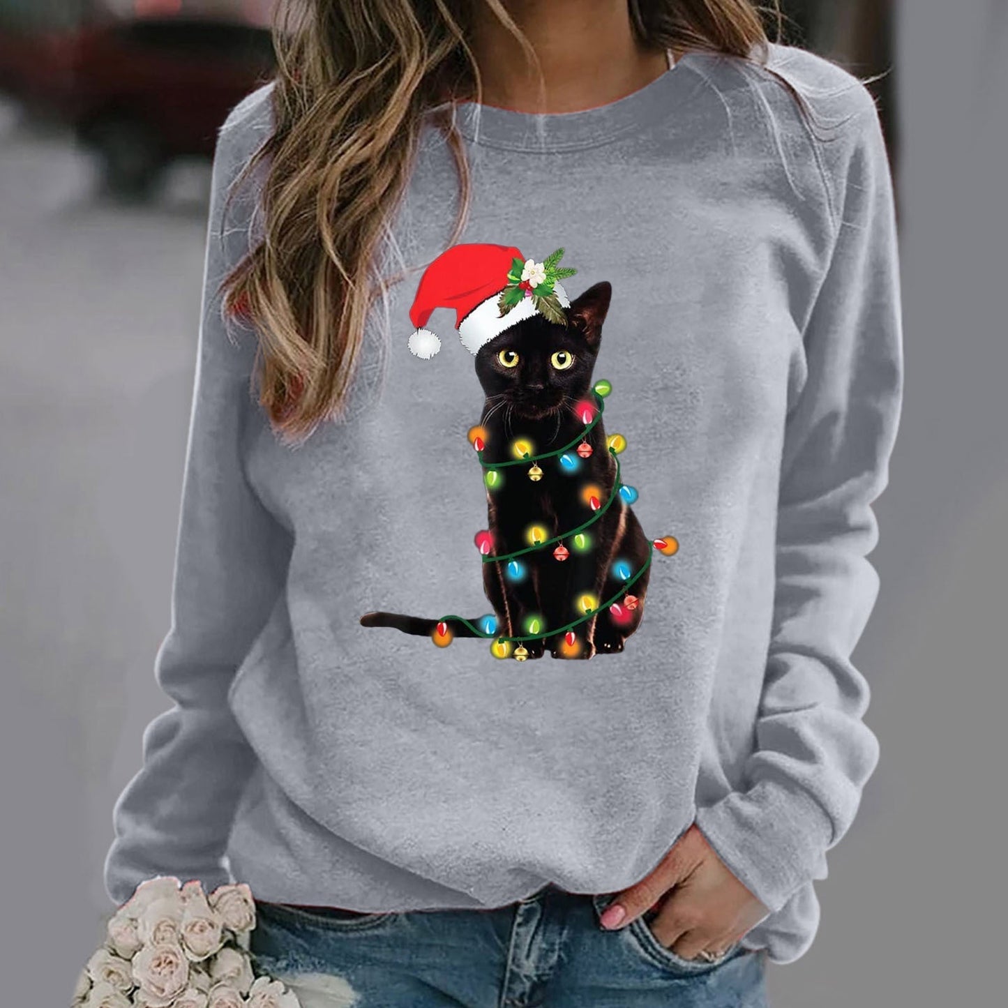 Damen Sweatshirt Baumwollmischung Lockerer Schnitt Rundhalsausschnitt