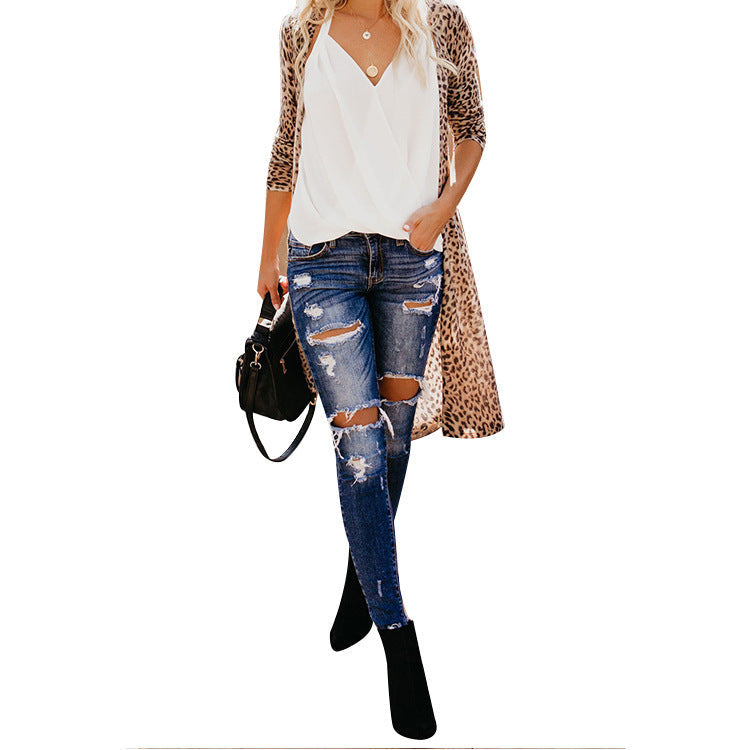 Damen Cardigan Leopardenmuster Offener Schnitt Lang
