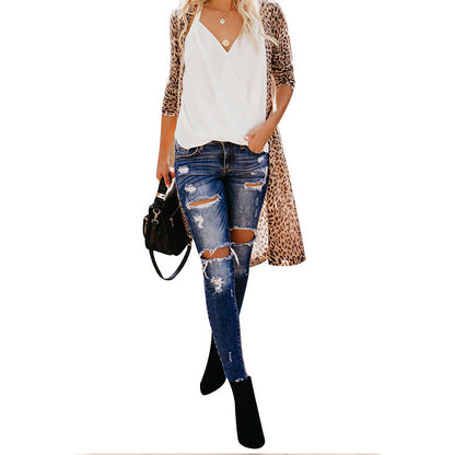 Damen Cardigan Leopardenmuster Offener Schnitt Lang