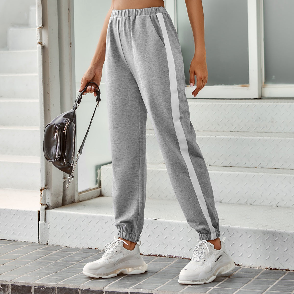 Damen Jogginghose Elastischer Bund Mit Streifen Schwarz - Norvielle