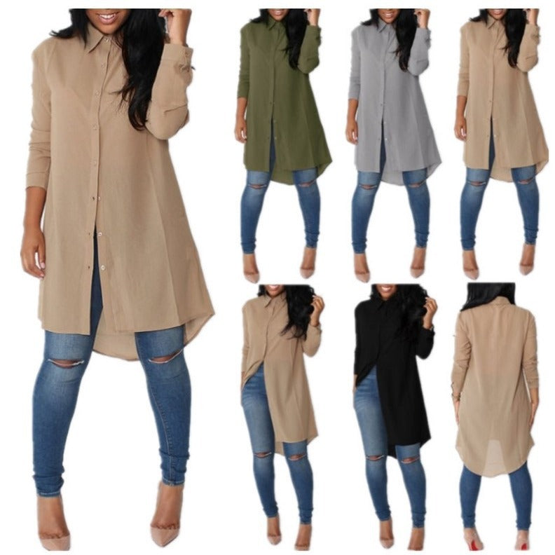 Damen Langarmkleid Asymmetrischer Saum Knopfdetails Bluse Norvielle - Norvielle