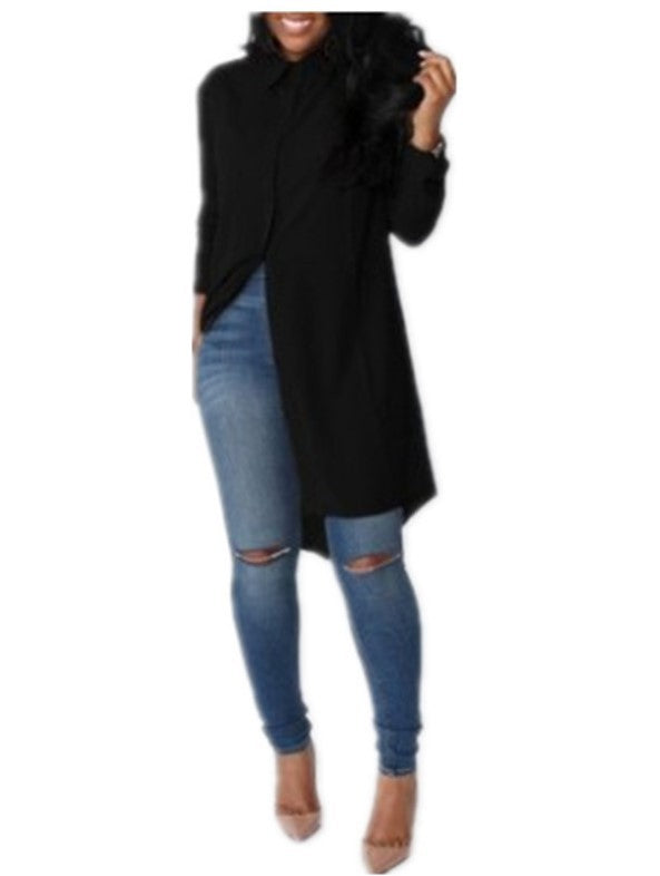 Damen Langarmkleid Asymmetrischer Saum Knopfdetails Bluse Norvielle