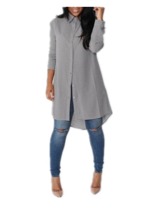 Damen Langarmkleid Asymmetrischer Saum Knopfdetails Bluse Norvielle