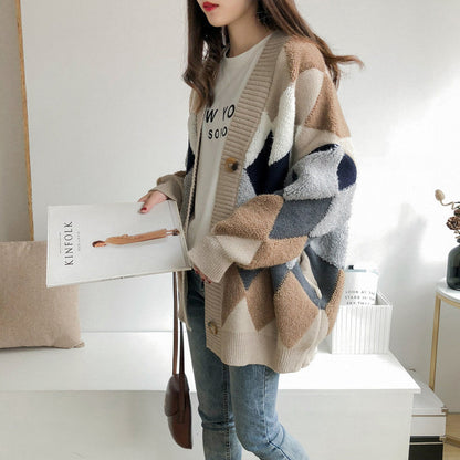 Damen Grobstrickjacke Rautenmuster Komfortschnitt Norvielle