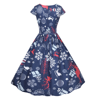 Damen Weihnachtskleid Retro-Print ausgestellter Rock Norvielle
