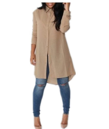 Damen Langarmkleid Asymmetrischer Saum Knopfdetails Bluse Norvielle