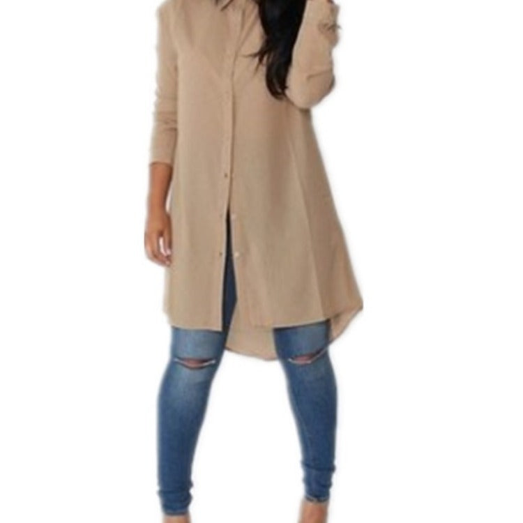 Damen Langarmkleid Asymmetrischer Saum Knopfdetails Bluse Norvielle