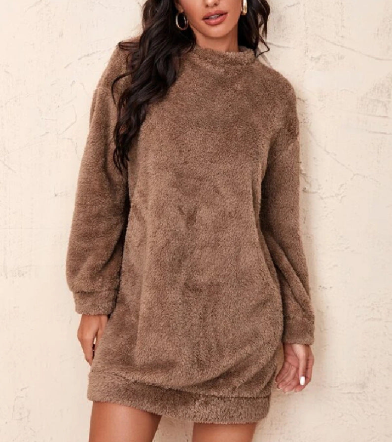 Damen Fleece-Kleid Voluminöse Ärmel Hochkragen Beige - Norvielle