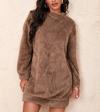 Damen Fleece-Kleid Voluminöse Ärmel Hochkragen Beige - Norvielle