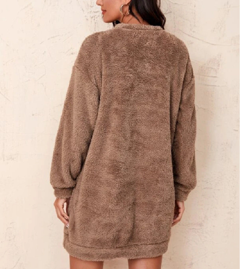 Damen Fleece-Kleid Voluminöse Ärmel Hochkragen Beige
