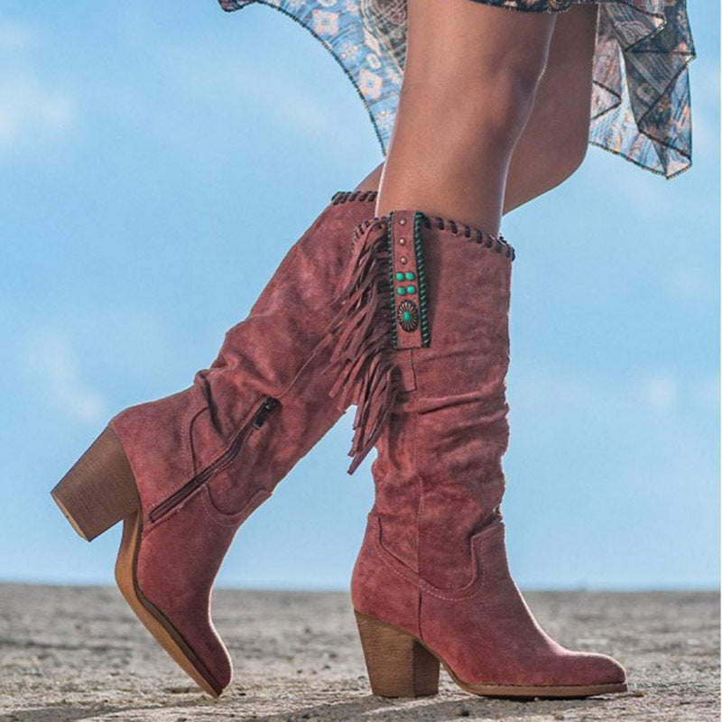 Kniehohe Stiefel Kunstwildleder Westernstil Schwarz - Norvielle