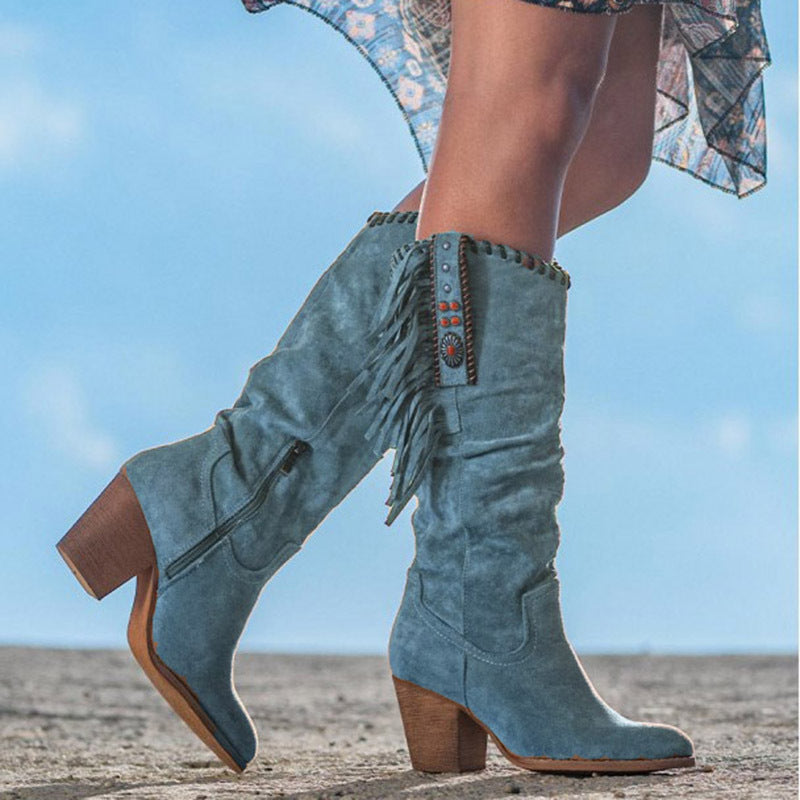 Kniehohe Stiefel Kunstwildleder Westernstil