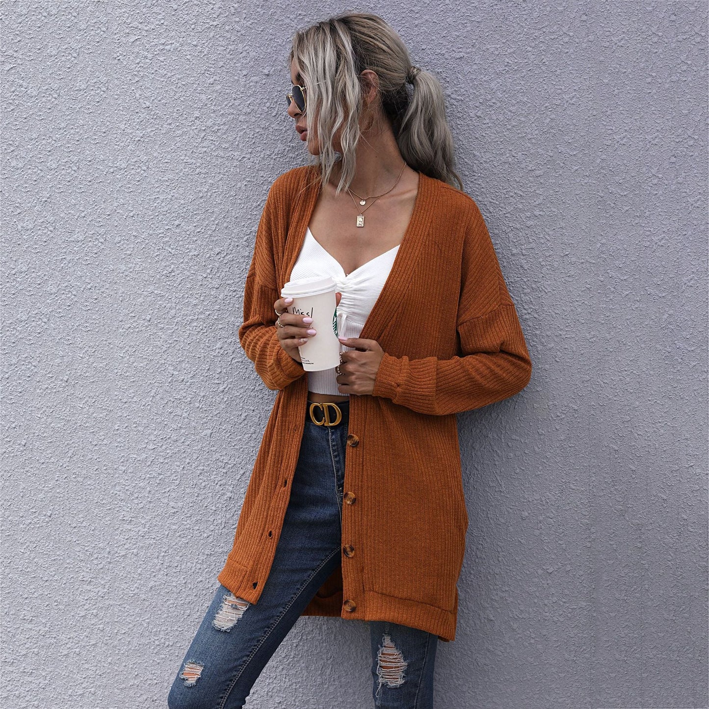 Damen Strickjacke Lässig V-Ausschnitt Norvielle