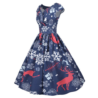 Damen Weihnachtskleid Retro-Print ausgestellter Rock Norvielle