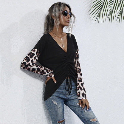 Damen Wickelpullover Leopardenmuster Ärmel Raffiniertes Design