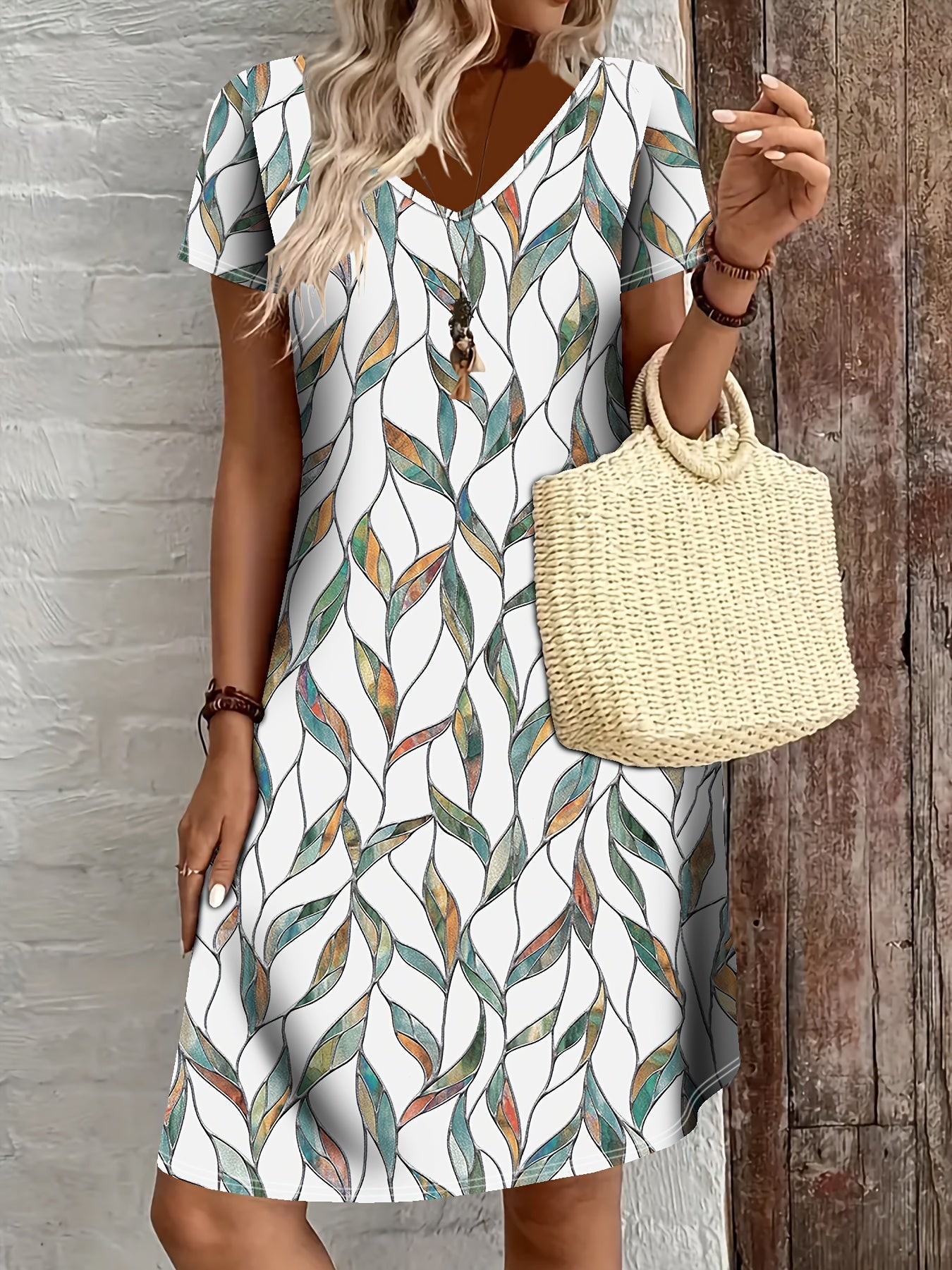 Norvielle Damen Sommerkleid Blättermuster V-Ausschnitt Midi