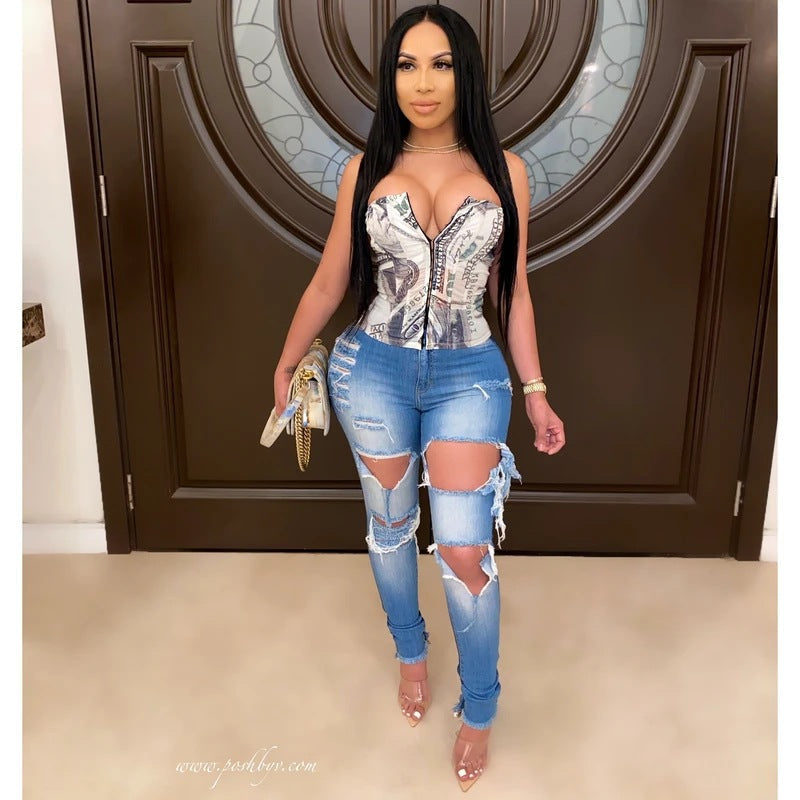 Damen Skinny Jeans Destroyed High Waist