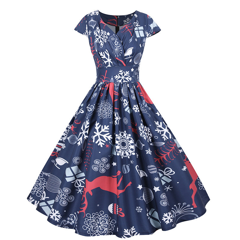 Damen Weihnachtskleid Retro-Print ausgestellter Rock Norvielle - Norvielle