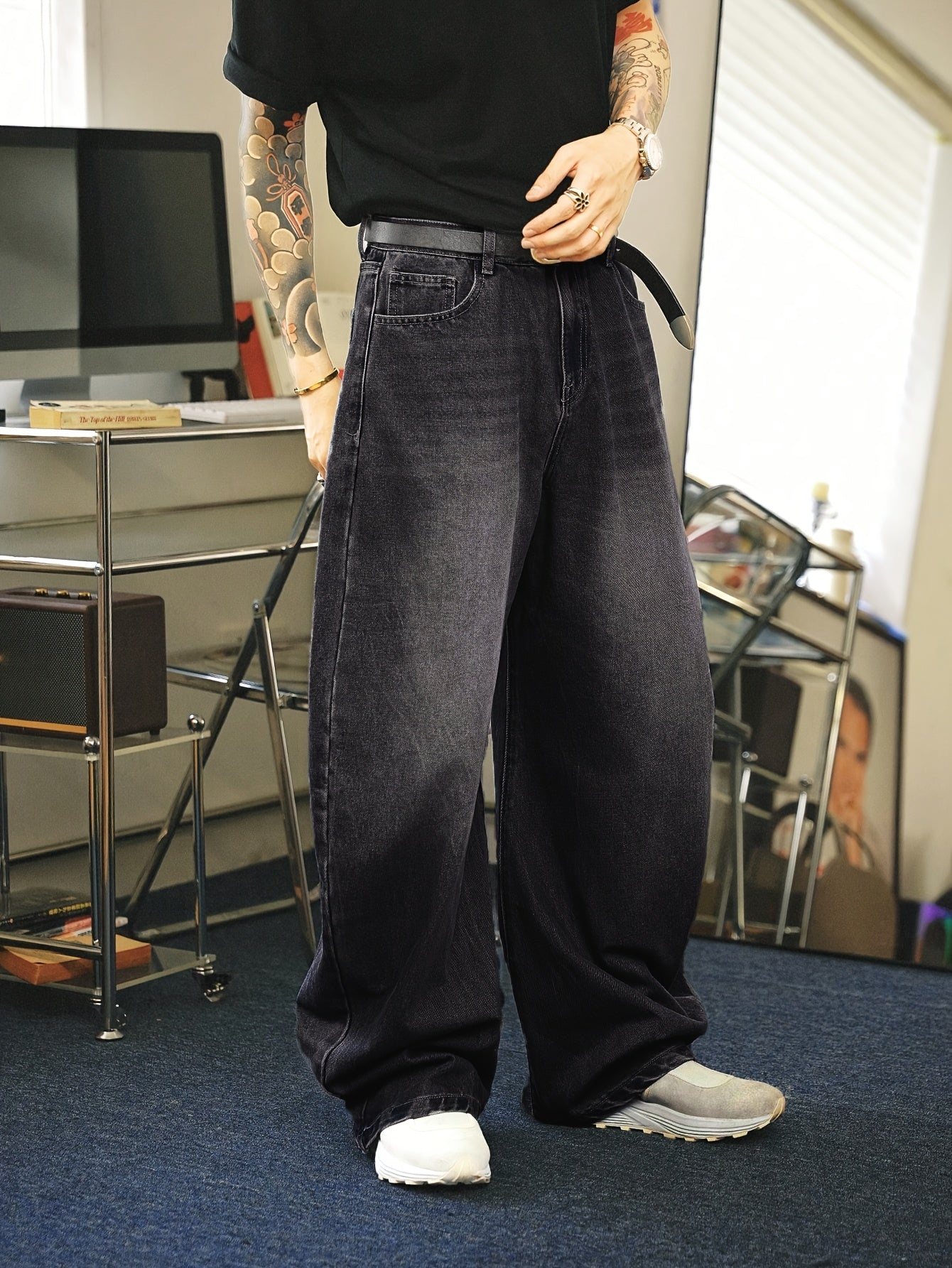 Herren Baggy Jeans Gerades Bein Weite Passform Schwarz - Norvielle