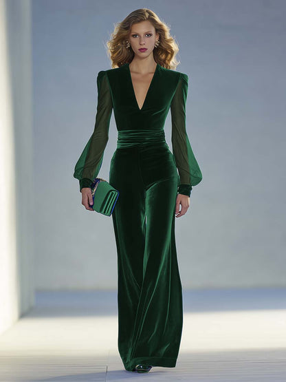 Damen Samt-Jumpsuit V-Ausschnitt Eleganz