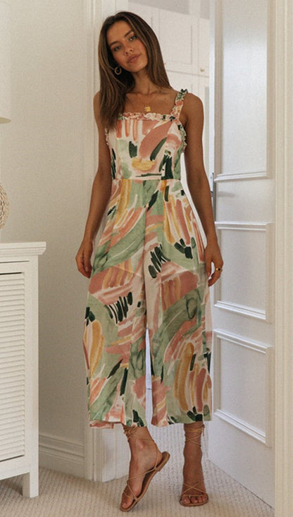 Damen Jumpsuit Aquarellmuster Träger Norvielle