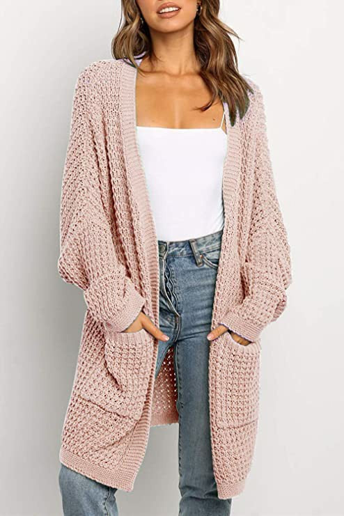 Damen Cardigan Grobstrick mit Taschen Locker Passform Beige