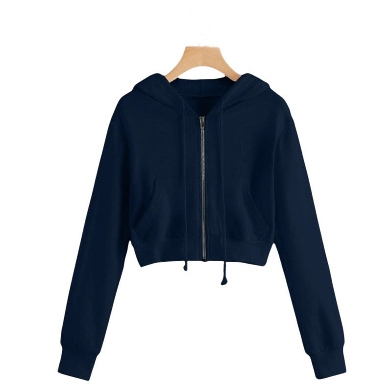 Damen Cropped Kapuzenjacke mit Kängurutaschen und Reißverschluss