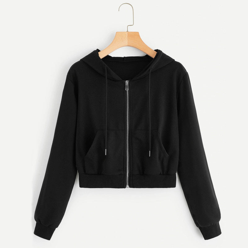 Damen Cropped Kapuzenjacke Reißverschluss Kängurutasche