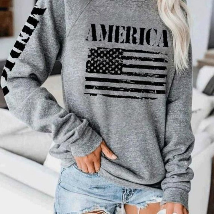 Damen Sweatshirt American Flag Print Baumwolle Lässig - Norvielle