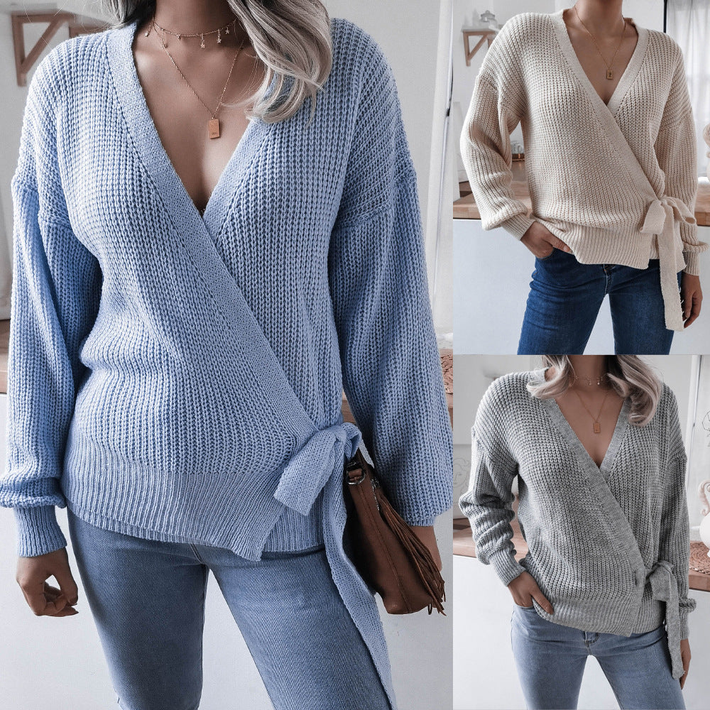 Damen Wickelpullover Strukturiertes Strickdesign Bindeband Norvielle - Norvielle