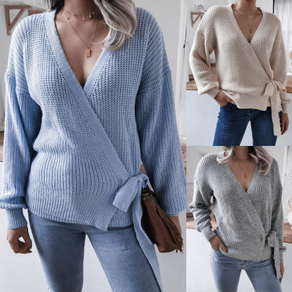 Damen Wickelpullover Strukturiertes Strickdesign Bindeband Norvielle - Norvielle