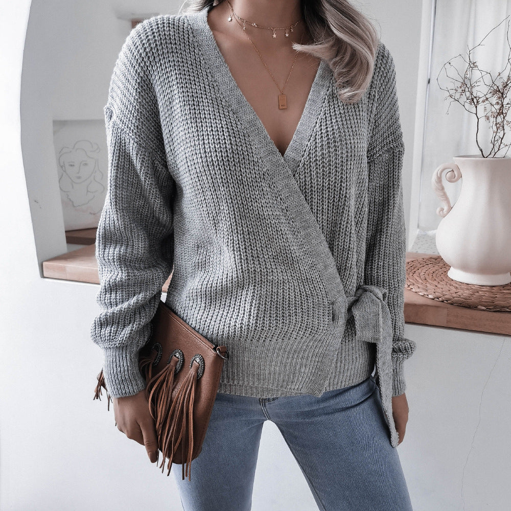 Damen Wickelpullover Strukturiertes Strickdesign Bindeband Norvielle