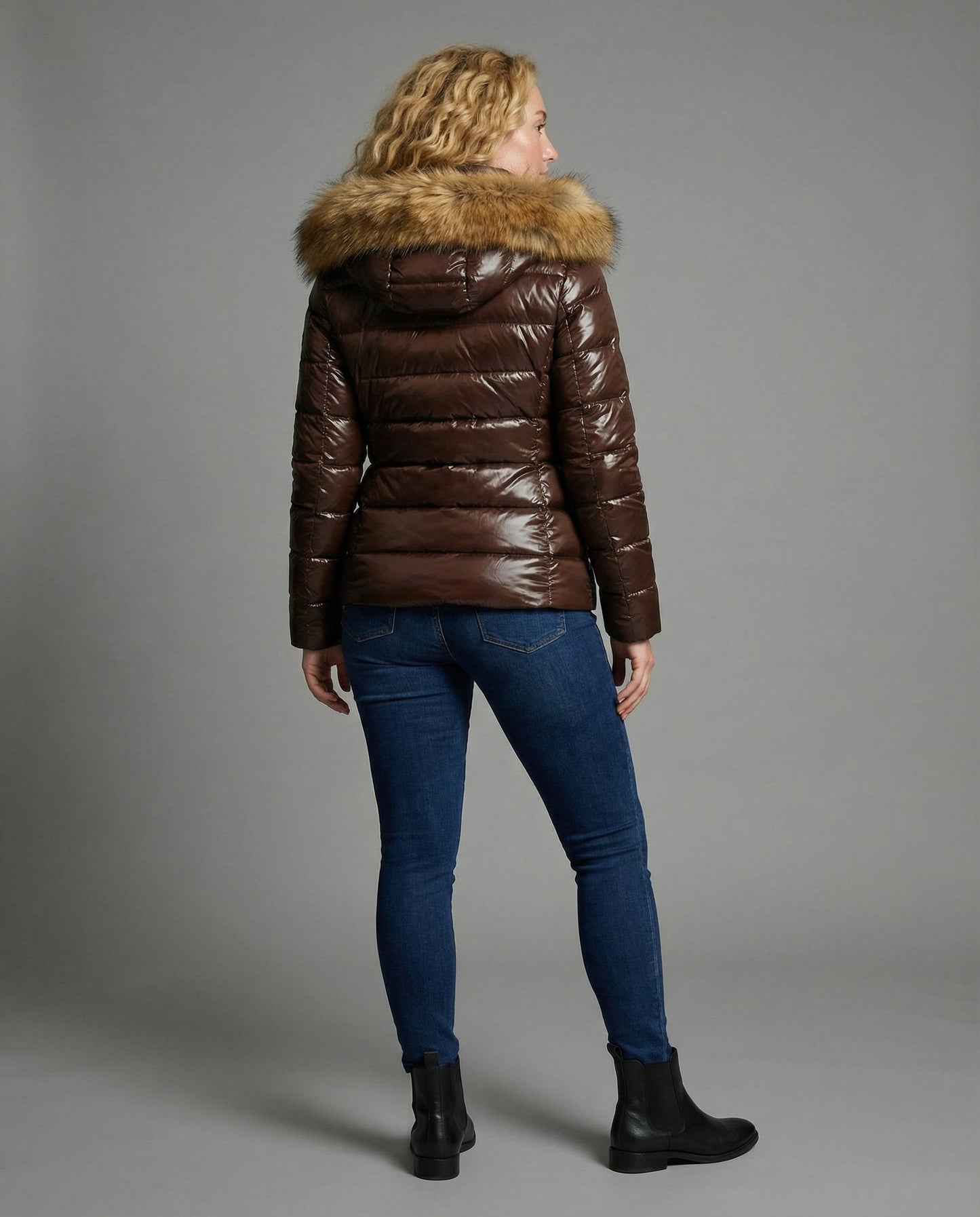 Damen Steppjacke mit Kunstfellkragen