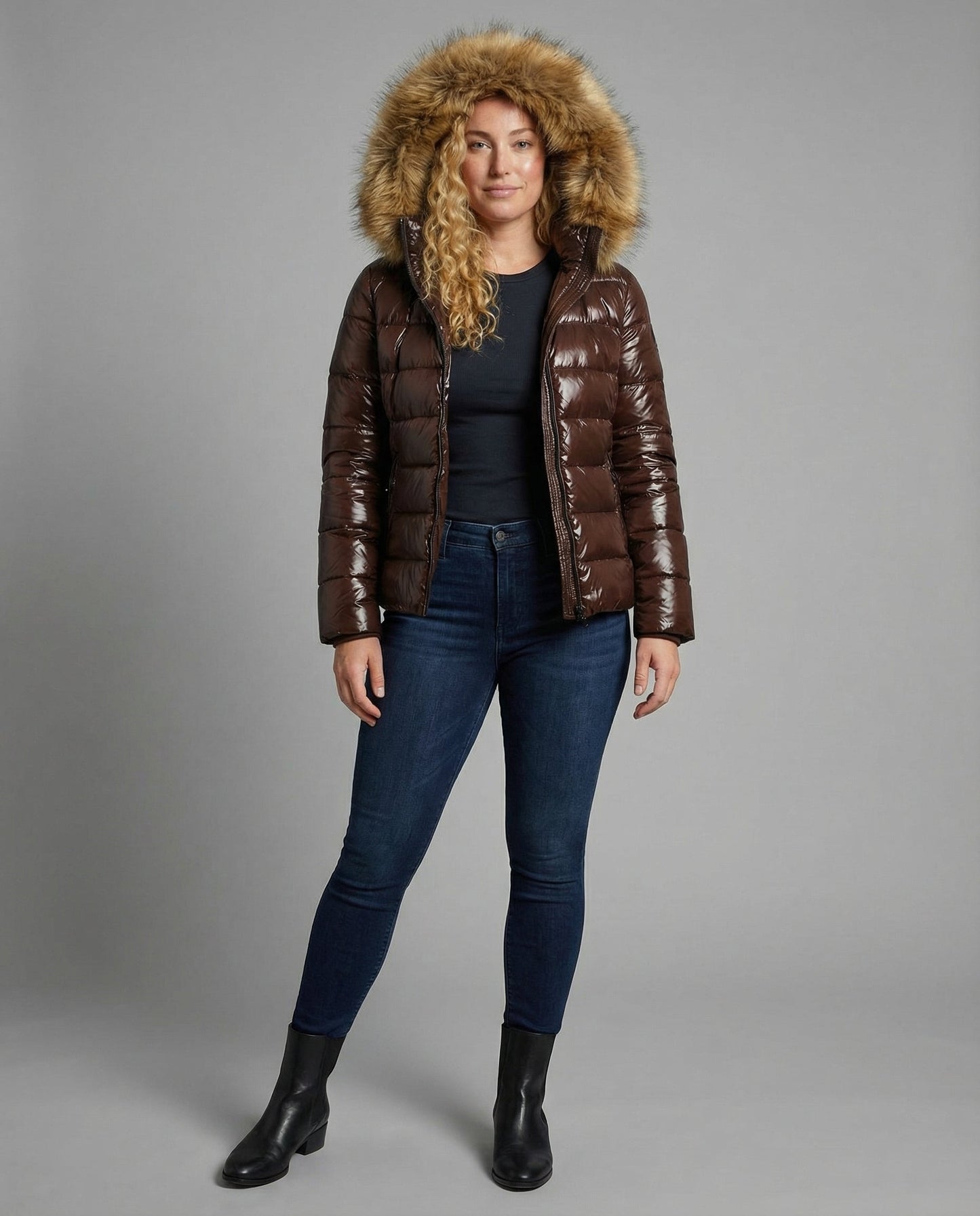 Damen Steppjacke mit Kunstfellkragen