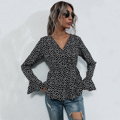 Damen Wickelbluse Voluminöse Ärmel Punktemuster Bluse