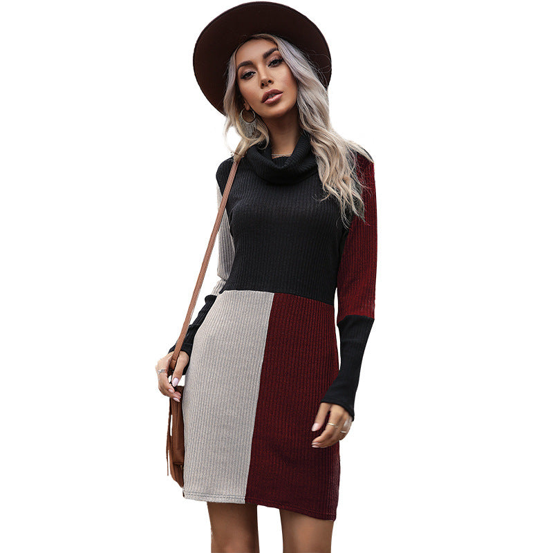 Damen Strickkleid Hochkragen Modernes Farbblockmuster Norvielle