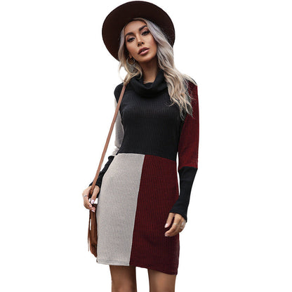 Damen Strickkleid Hochkragen Modernes Farbblockmuster Norvielle