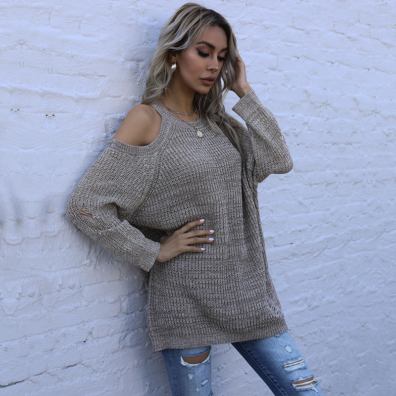 Damen Off-Shoulder Pullover Luftiger Strick Beige