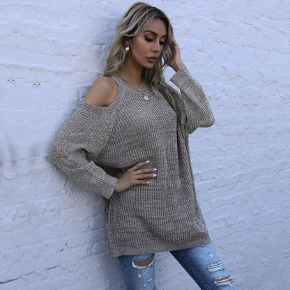 Damen Off-Shoulder Pullover Luftiger Strick Beige