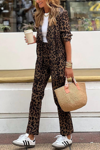 Damen Zweiteiler Leopard Blazer und Hose