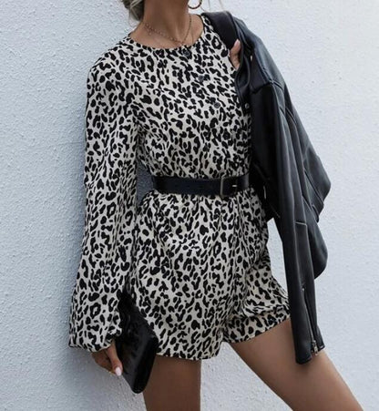 Damen Kurzarm-Kleid Animal-Druck Elegante Puffärmel Norvielle