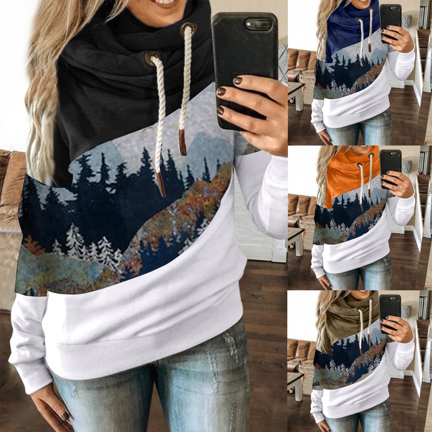 Damen Kapuzenpullover Weiches Innenfutter Berglandschaftsdesign - Norvielle