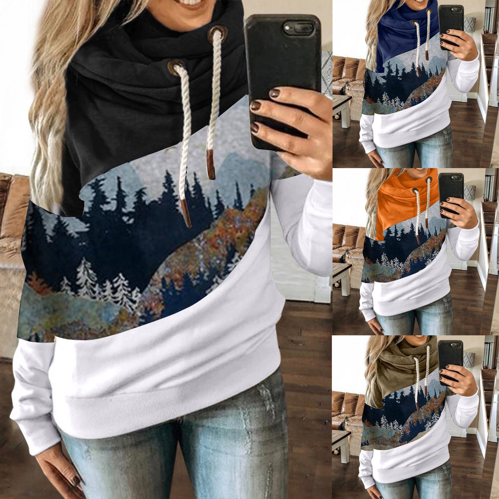 Damen Kapuzenpullover Weiches Innenfutter Berglandschaftsdesign - Norvielle
