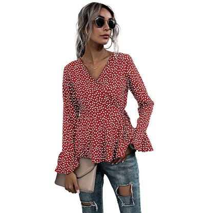 Damen Wickelbluse Voluminöse Ärmel Punktemuster Bluse