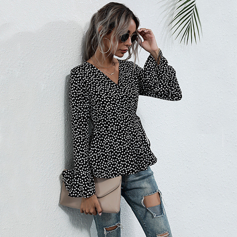 Damen Wickelbluse Voluminöse Ärmel Punktemuster Bluse