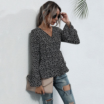 Damen Wickelbluse Voluminöse Ärmel Punktemuster Bluse