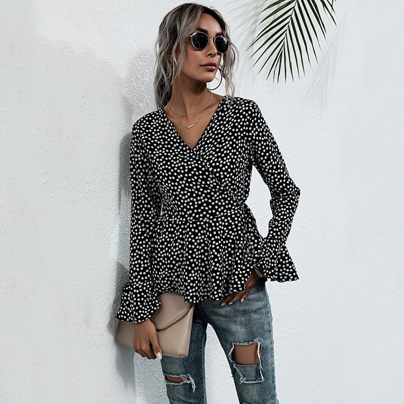 Damen Wickelbluse Voluminöse Ärmel Punktemuster Bluse