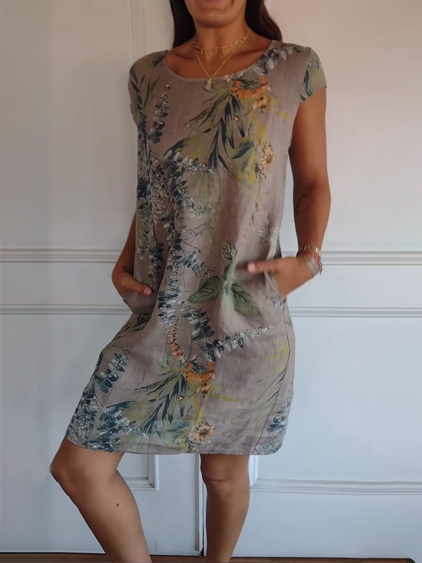 Damen Sommerkleid Blattmuster Leicht Baumwolle