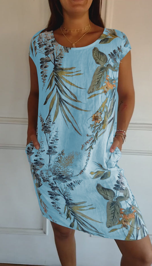 Damen Sommerkleid Blattmuster Leicht Baumwolle