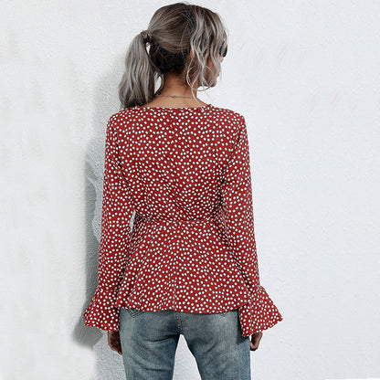 Damen Wickelbluse Voluminöse Ärmel Punktemuster Bluse